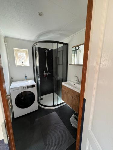 a bathroom with a shower and a washing machine at Chalet Corbeth in Putten