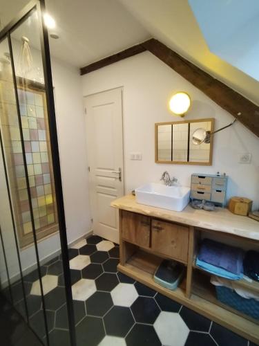 une salle de bain avec un lavabo et une douche dans l'établissement Appartement cœur de ville, studio artistique, à Laon