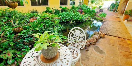 a patio with two white chairs and a pond at Baan Nokkamin Seaside in Hua Hin - บ้านนกขมิ้นซีไซด์ หัวหิน in Hua Hin