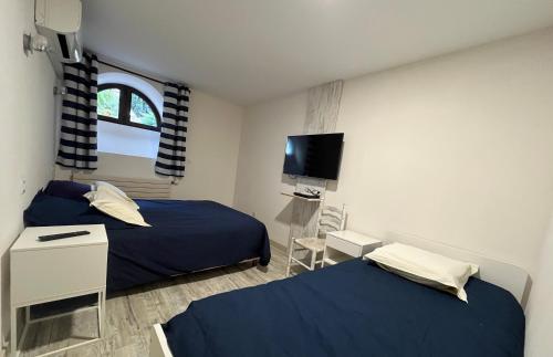 a bedroom with two beds and a tv in it at Le Moulin in Marlieux