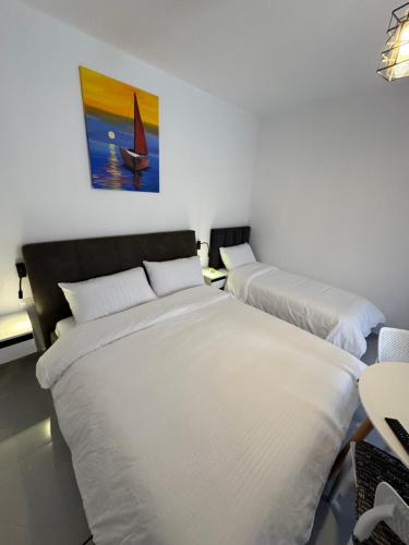 two beds in a room with a sailboat on the wall at Private Villa Aras 2 - Luxury & Elegance Apartments in Vlorë