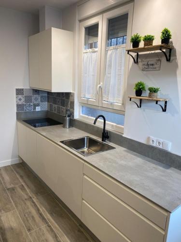 a kitchen with white cabinets and a sink at El salon de los abuelos in Trescasas