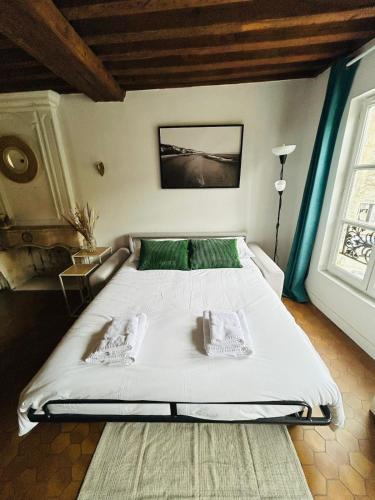 une chambre avec un grand lit blanc et une fenêtre dans l'établissement Charmant Studio - Centre ancien, à Caen