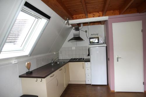 a kitchen with a white refrigerator and a window at Spotvogel I Vacation Home in Zwiggelte