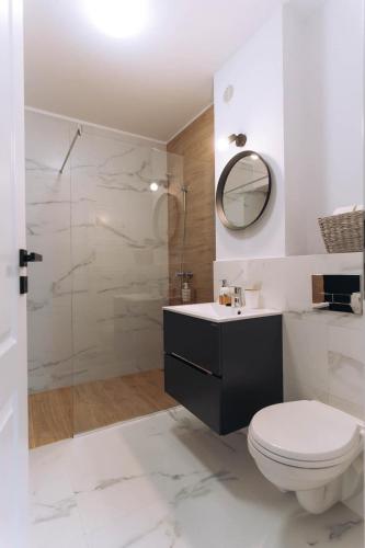 a bathroom with a toilet and a sink and a shower at Luxury Central Apartment in Oradea