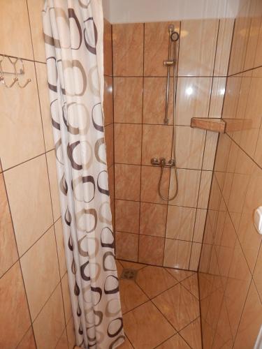 a shower with a shower curtain in a bathroom at Tündér Szálló Eplény in Eplény