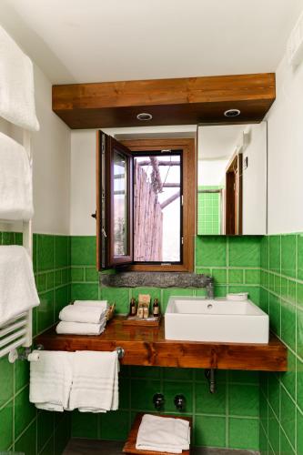 a green bathroom with a sink and a mirror at Villa Rosa di Nonna Rosa in Vico Equense