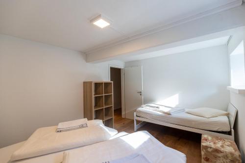 two beds in a room with a window at Ferienoase Granula - Bad Ragaz in Bad Ragaz