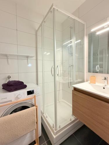 une salle de bain avec douche et machine à laver dans l'établissement Cosy studio Grand Rue à Strasbourg, à Strasbourg