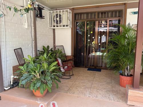 a porch with potted plants in front of a door at Villas Ela en Bahía Ballena,Uvita Hermosas habitaciones privadas grandes, piscina, cocina, jacuzzi, aire acondicionado, tv y baño privado in Uvita