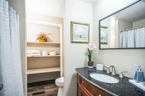 a bathroom with a sink and a toilet and a mirror at Beautiful Lakeview Chateau with Stunning Views home in Rutledge