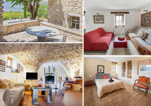 un collage de quatre photos d'un salon dans l'établissement Maison authentique en Drôme Provençale, à Montréal-les-Sources