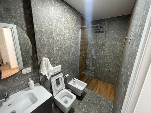 a bathroom with a toilet and a sink and a shower at D&D Apartments in Tirana