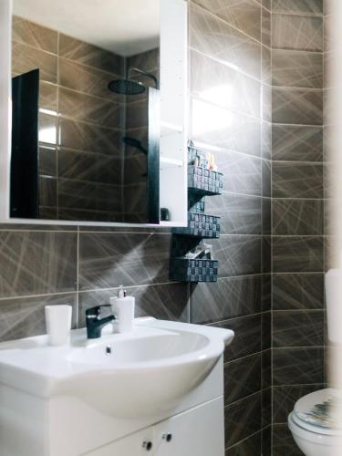 a bathroom with a sink and a mirror at Villa Cartagena 2 in Brčko