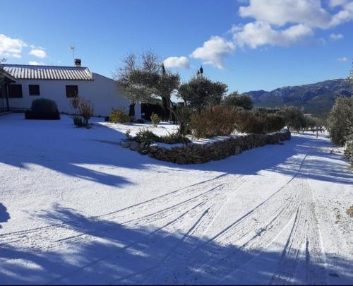 a snow covered road in front of a house at ENTRESIERRAS Apartamentos rurales con chimenea, barbacoa y espacio para eventos in Cazorla