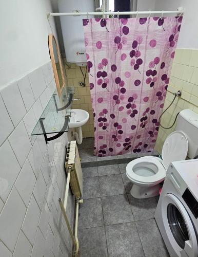 ein Badezimmer mit Toilette und Duschvorhang in der Unterkunft Avtokomanda in Skopje