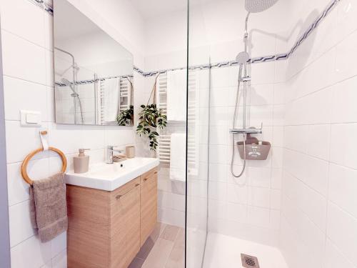 une salle de bain avec un lavabo et une douche dans l'établissement Le calmette, à Beausoleil