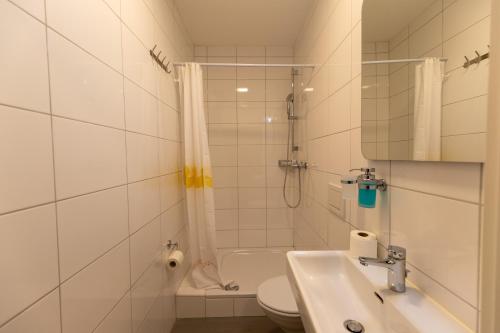 a bathroom with a sink and a toilet and a shower at Ferienoase Granula - Bad Ragaz in Bad Ragaz
