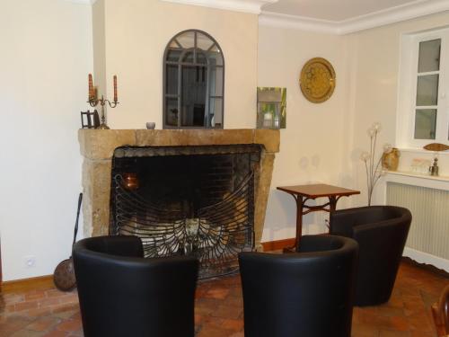 a living room with a fireplace and chairs at Jardin de Canaan in Saint-Julien-de-Chédon