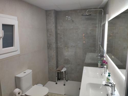 a bathroom with a shower and a toilet and a sink at Casita La Playa in Málaga