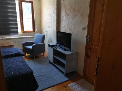 a room with a tv and a chair and a bed at Къща Томови in Devin