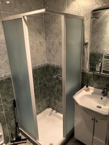 a bathroom with a shower and a sink at Къща Томови in Devin
