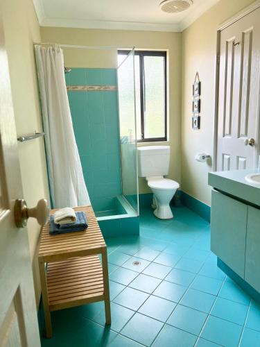 a blue bathroom with a toilet and a shower at Acacia Retreat in Dunsborough
