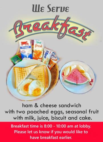 a flyer for a breakfast sandwich with two seeded eggs and cake at Vanida Hotel in Vientiane