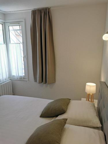 - une chambre avec un lit doté d'une fenêtre et d'un oreiller dans l'établissement Apt F2 proche centre thermal, à Digne-Les-Bains