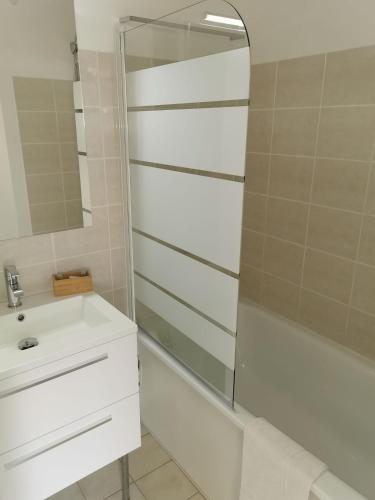 une salle de bain avec douche et lavabo dans l'établissement Apt F2 proche centre thermal, à Digne-Les-Bains