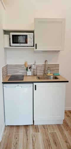 une cuisine blanche avec un évier et un micro-ondes dans l'établissement Studio du Clos, à Yvetot