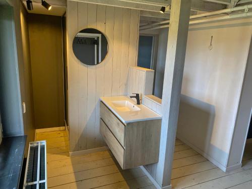 a bathroom with a sink and a mirror at Chateau Calon Segur in Durbuy