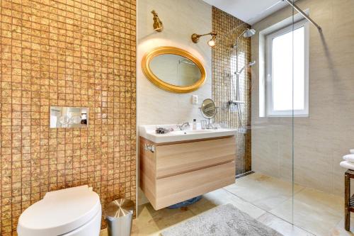 a bathroom with a toilet and a sink and a mirror at Lion Apartments MEWA in Sopot