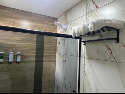 フォス・ド・イグアスにあるResidencial galdino da costaのガラスドア付きのシャワー付きのバスルーム