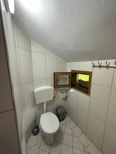 a small bathroom with a toilet and a window at Bujtina Ziçi in Theth