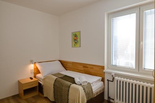 a small bedroom with a bed and a window at Wellness Vila Bohemia in Prague
