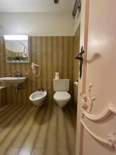 a bathroom with a toilet and a sink and a mirror at Casa Santa Birgitta in Lugano
