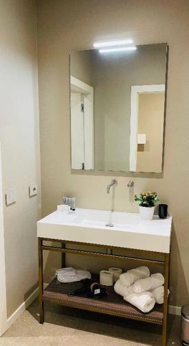 a bathroom with a sink and a large mirror at Modena Relax Luxury Rent Rooms in Modena