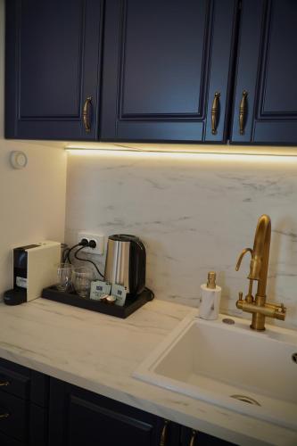 a kitchen counter with a sink and a microwave at Ludovic Luxury Suite in Bucharest