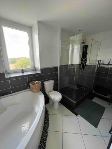 une salle de bain avec une baignoire, des toilettes et un lavabo dans l'établissement Bel appartement, proche plages pour 4 personnes, 2 chambres, à Clohars-Carnoët