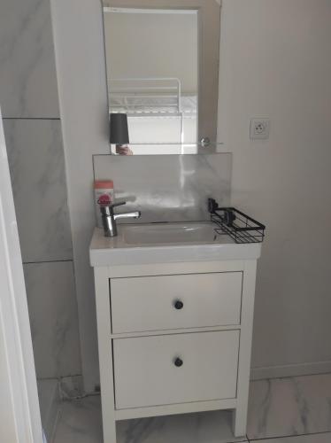 une salle de bain avec un lavabo blanc et un miroir dans l'établissement Cosy dreams 24H du Mans avec jardin, au Mans