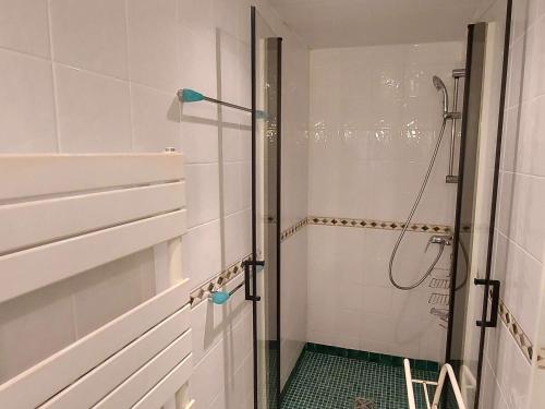une douche avec une porte vitrée dans une salle de bain dans l'établissement Maison mitoyenne climatisée, piscine, 6 couchages, parking privé, proche plage - FR-1-326-692, à Marseillan