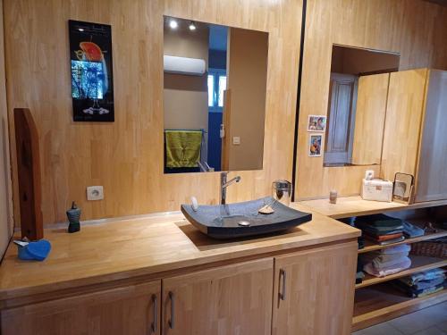 ル・トールにあるMaison au bord de l'eauのバスルーム(木製カウンターのシンク付)