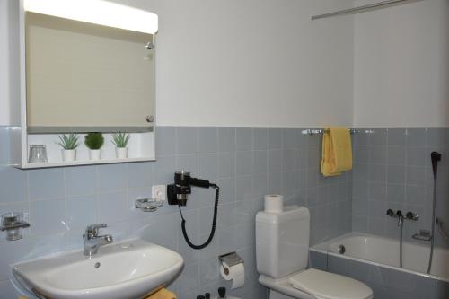 a bathroom with a sink and a toilet and a mirror at Casa Santa Birgitta in Lugano