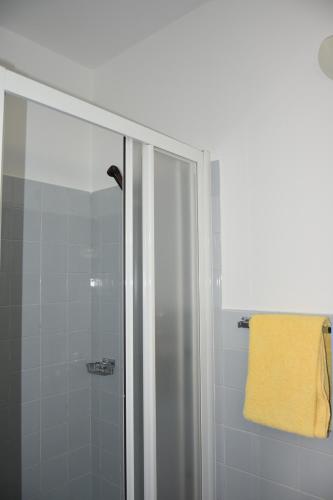 a shower with a glass door and a yellow towel at Casa Santa Birgitta in Lugano