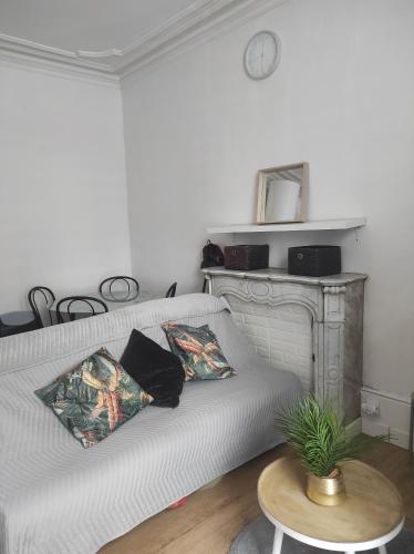 - un canapé blanc avec deux oreillers dans l'établissement Cosy dreams 24H du Mans avec jardin, au Mans