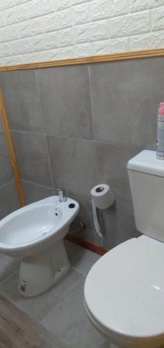 a bathroom with a white toilet and a sink at Dorita in Villa Elisa