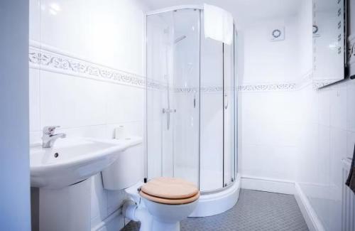 a bathroom with a shower and a toilet and a sink at Angle Adventures - sleeps 8 in Angle