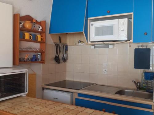 a kitchen with blue cabinets and a sink and a microwave at Studio avec balcon sud dans un écrin de verdure, Le Biot - FR-1-573-23 in Le Biot