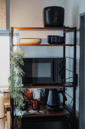 a microwave on a shelf with a plant at Von Voyage 甲府 in Kofu